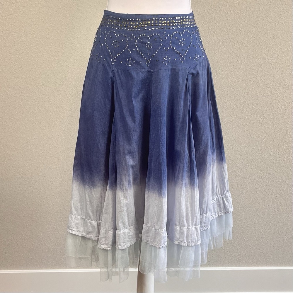Candies Retro Blue Ombre Dip Dye Cotton Midi Skirt Embellished XL Boho Fairycore